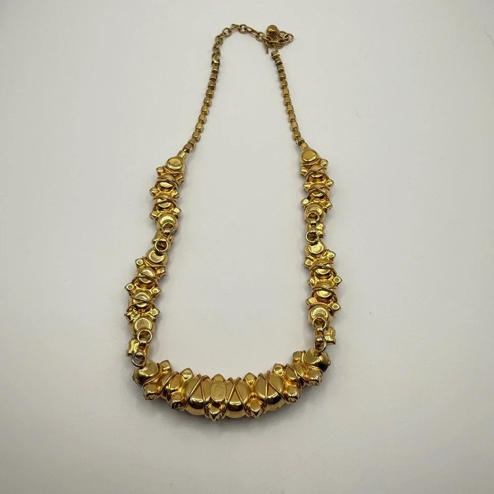 Hattie Carnegie Vintage Orange Smokey Gray Rhinestone Gold‎ Tone Collar Necklace